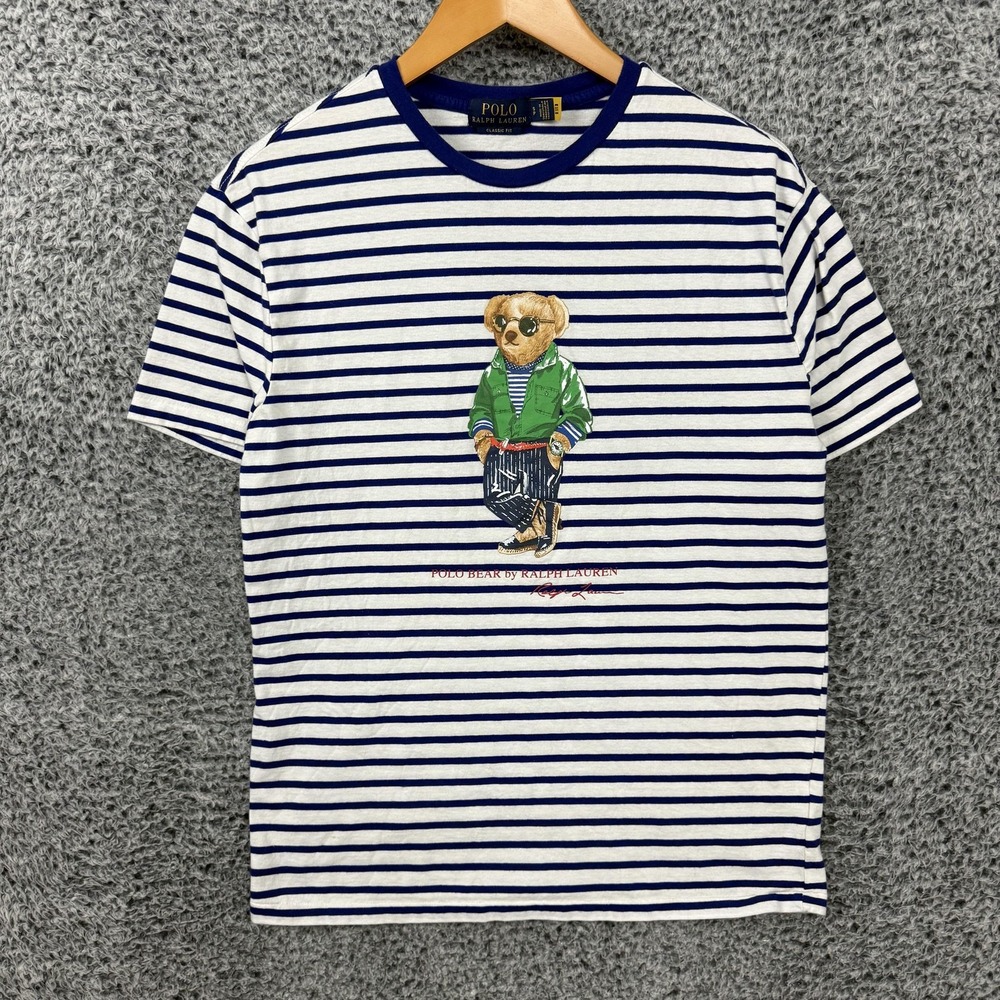 Polo Ralph Lauren Shirt Mens Small Blue Striped Polo Bear Tee Graphic Classic